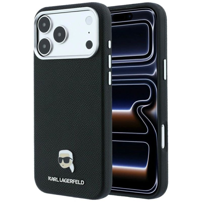 Karl Lagerfeld Grained Karl Head Metal MagSafe Case for iPhone 18 Pro / 17 Pro - Black