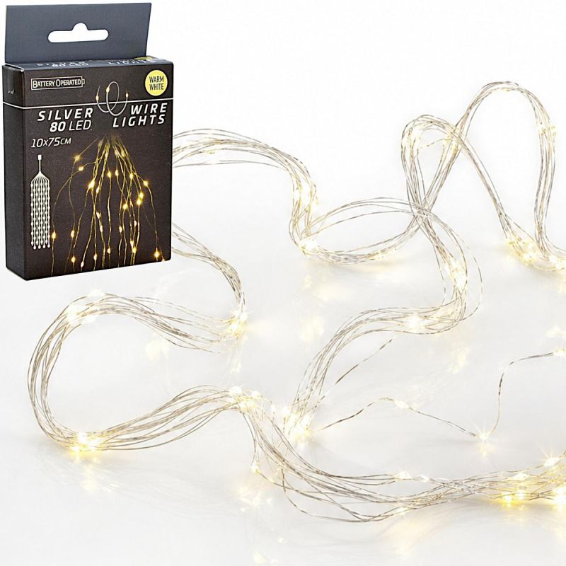 BATTERY-OPERATED WIRE LAMPS CASCADE 80 LED WARM WHITE TIMER