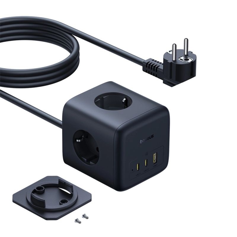 Baseus EnerFill FA11 67W Power Strip, USB-A + USB-C Cube + 3 x EU Socket 1.5m - Black