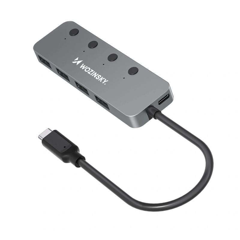 Wozinsky WHS088YSS 4x USB-A Aluminum Hub with Individual Switches and 15cm USB-C Cable - Gray