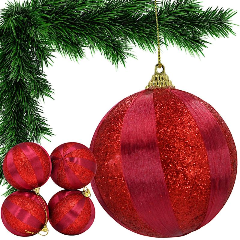 SHATTER-RESISTANT PLASTIC BAUBLES 10 CM RED 4 PCS STRIPES MICA