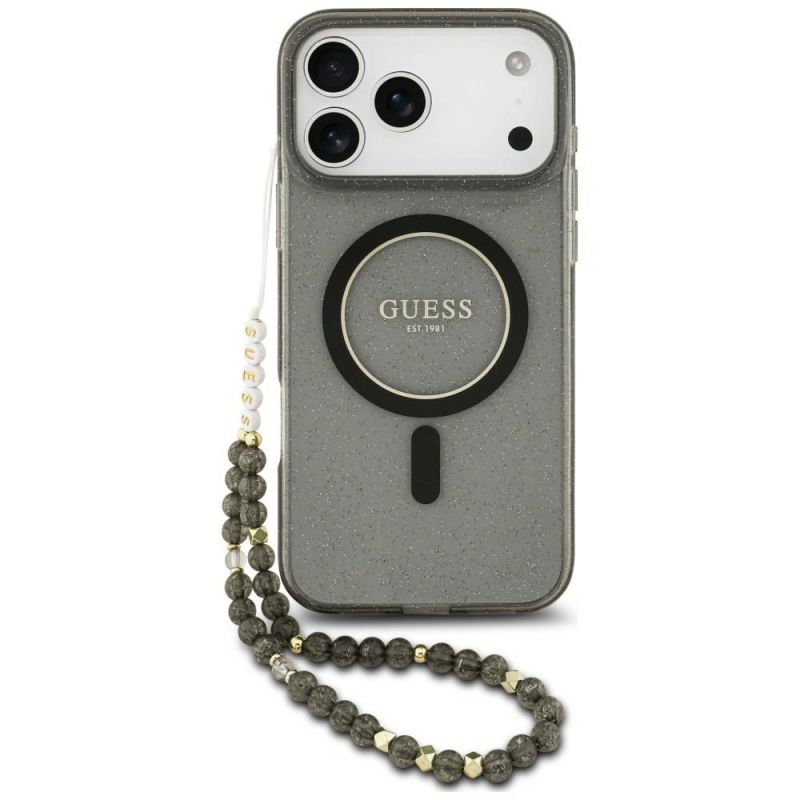 Guess IML Glitter Pearl Strap MagSafe Case for iPhone 18 Pro Max / 17 Pro Max – Black