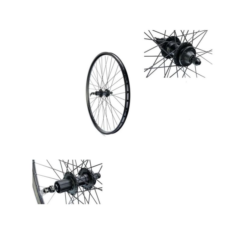 28" rear wheel, 6-bolt cassette, QR, black rim/black hub