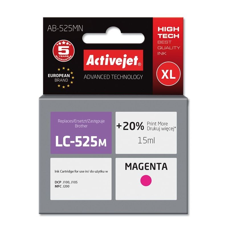 Activejet AB-525MN Ink (replaces Brother LC525M; Supreme; 15 ml; red). Prints 20% more than OEM.