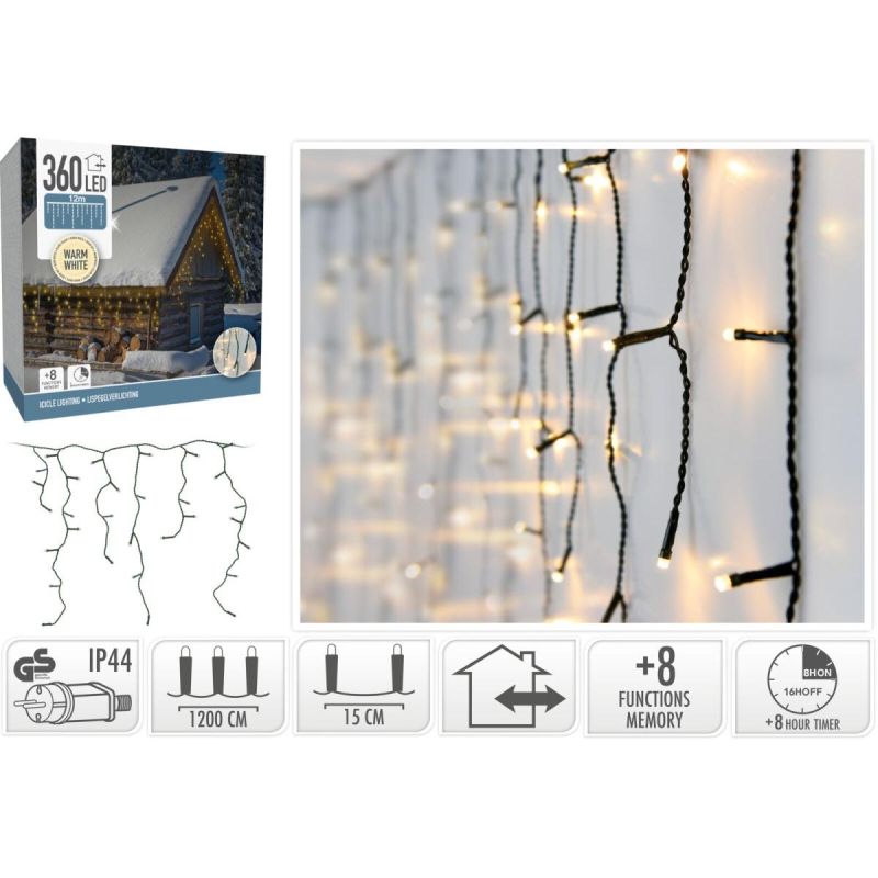 CHRISTMAS LIGHTS OUTDOOR CURTAIN LIGHT 360 LED CONTROLLER TIMER WARM WHITE GREEN CABLE