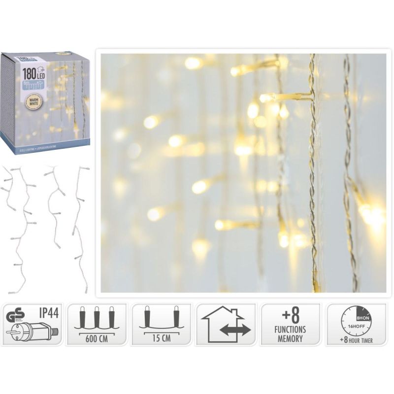 CHRISTMAS TREE LIGHTS OUTDOOR LIGHT CURTAIN 180 LED CONTROLLER TIMER WARM WHITE TRANSPARENT CABLE