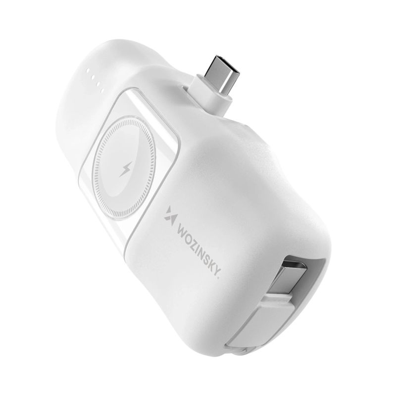 Wozinsky WF16-YCS 5000mAh 15W USB-C Mini Power Bank with Built-in USB-C Cable and Apple Watch Charger - White
