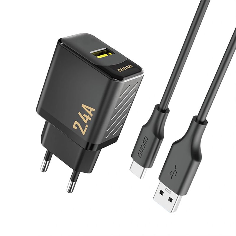 Dudao A23TEU 2.4A GaN USB-A Wall Charger with USB-A - USB-C Cable - Black