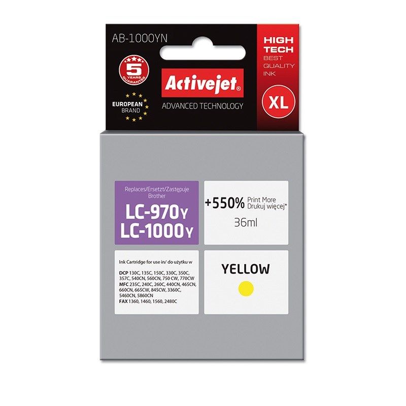 Activejet AB-1000YN Ink (replaces Brother LC1000Y/970Y; Supreme; 35 ml; yellow). Prints 550% more.