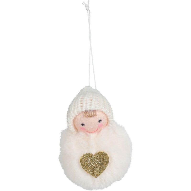 DECORATIVE DOLL WITH A HEART 8 CM IN A HAT AND FUR WHITE