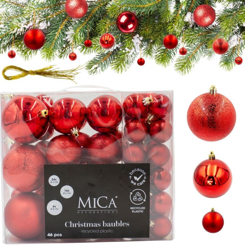 DECORATIVE PLASTIC BAUBLES SHATTERPROOF 46 PCS RED MICA