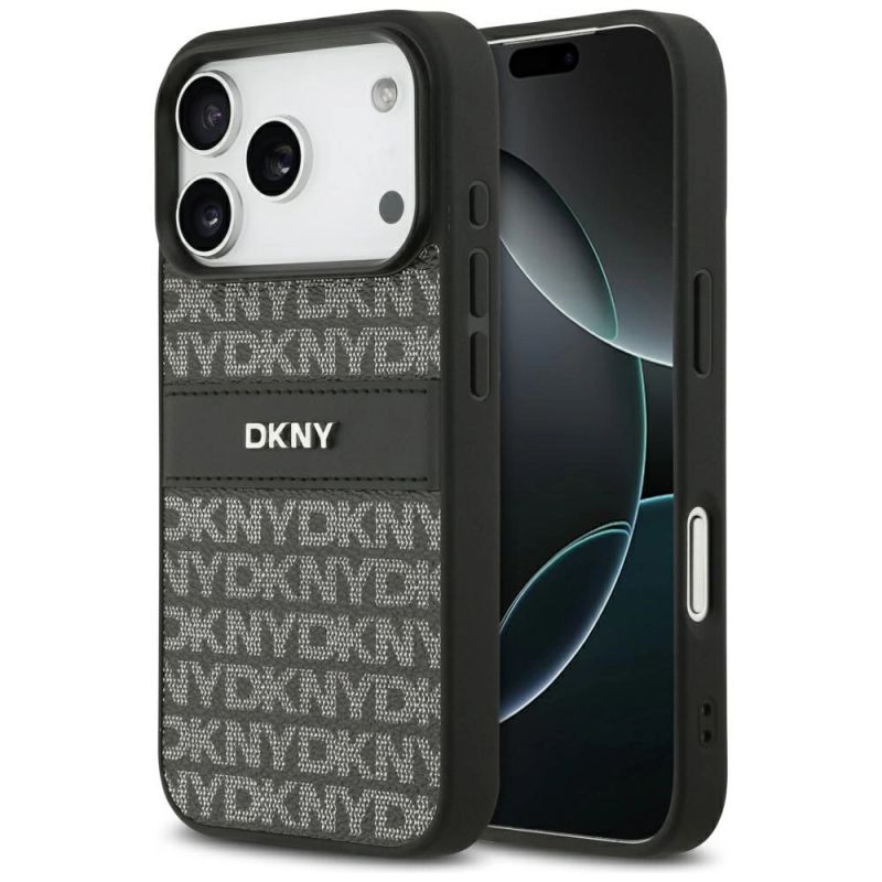 DKNY Repeat Texture Pattern with Tonal Stripe iPhone 17 Pro Case - Black