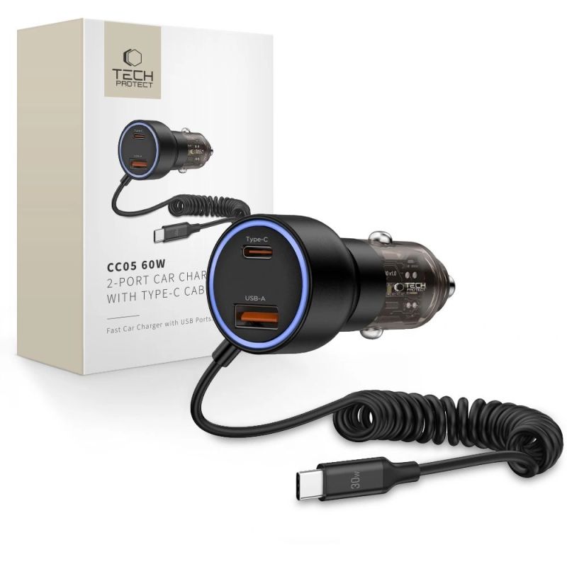 CC05 Car Charger 2-Port PD60 W + USB-C Cable - Black