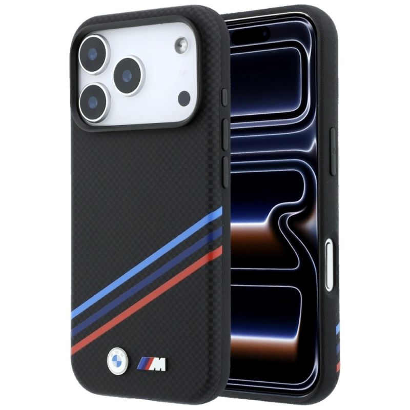 BMW M Quadrille Kevlar Print Tricolor Lines & Metal Logo MagSafe Case for iPhone 18 Pro / 17 Pro - Black