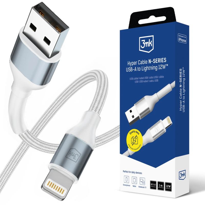 3mk Hyper Cable N-SERIES USB-A / Lightning 1m QC 3.0 5V/2.4A 12W - white