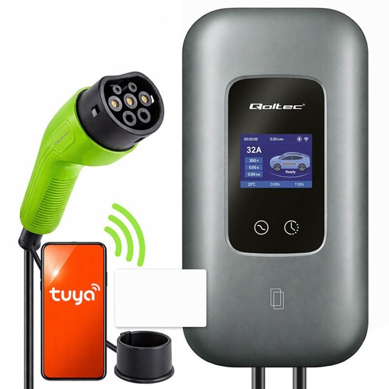 Qoltec EV Charging Station Type 2 for Electric and Hybrid Vehicles | 3 Phases | 22 kW | 32 A | Wi-Fi | LCD | RFID | Smart Life | TUYA | Wallbox | 5 m