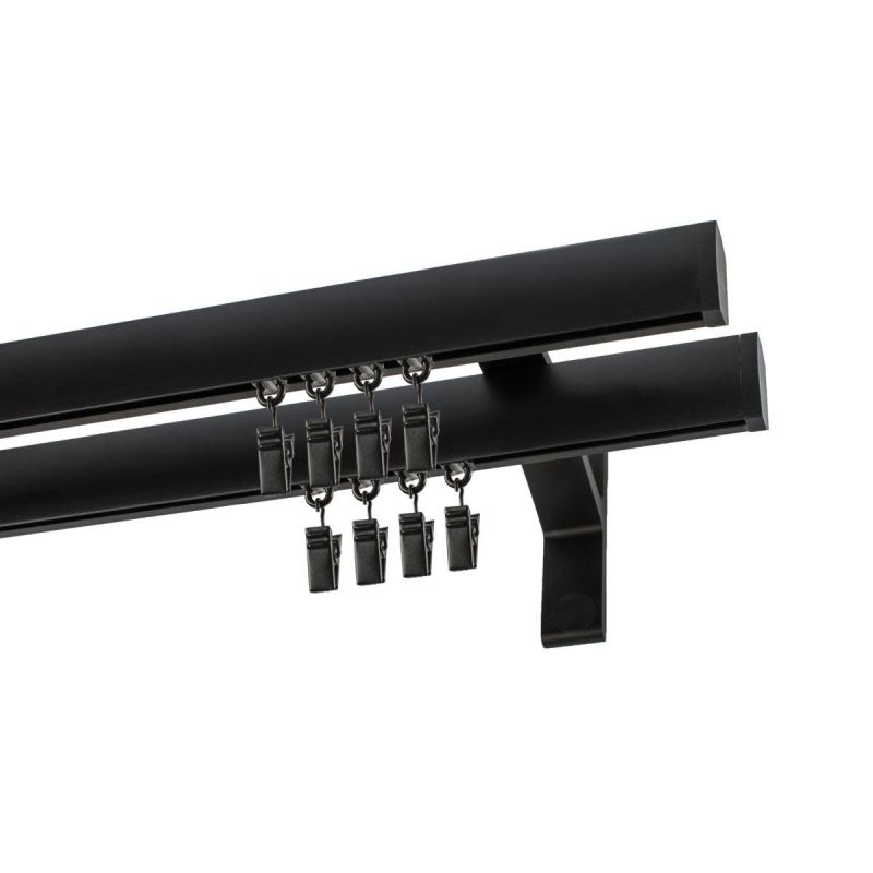 Double Apartment Curtain Rod, Black, 480 cm, with Curtain Clips – KOWALSKI