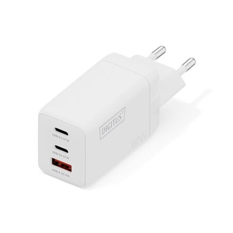 Digitus GaN II 67W Wall Charger | 2x USB-C, 1x USB-A | PD 3.0, QC 3.0 | White