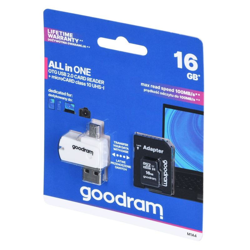 GoodRam All in one M1A4-0160R12 Memory Card with Adapter and Card Reader (16GB; Class 10; Adapter, MicroSDHC Card Reader, Memory Card)