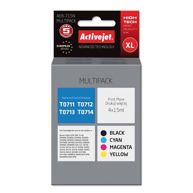 Activejet AEB-715N Ink (replaces Epson T0715; Supreme; 4 x 15 ml; black, red, blue, yellow)