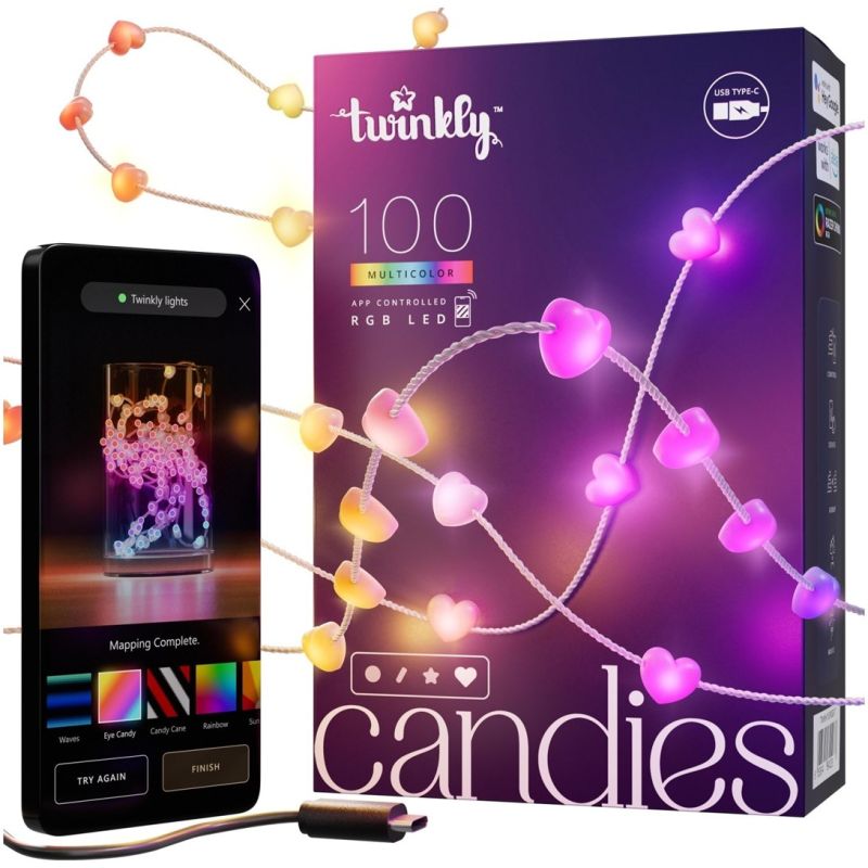 Twinkly Candies – 100 heart-shaped RGB LED lights, clear wire, USB-C