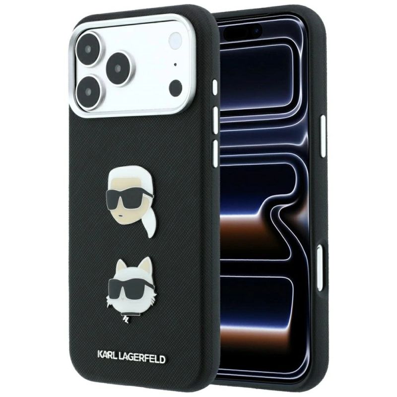 Karl Lagerfeld Saffiano Case with Karl & Choupette Heads Pins & Logo for iPhone 18 Pro Max / 17 Pro Max - Black