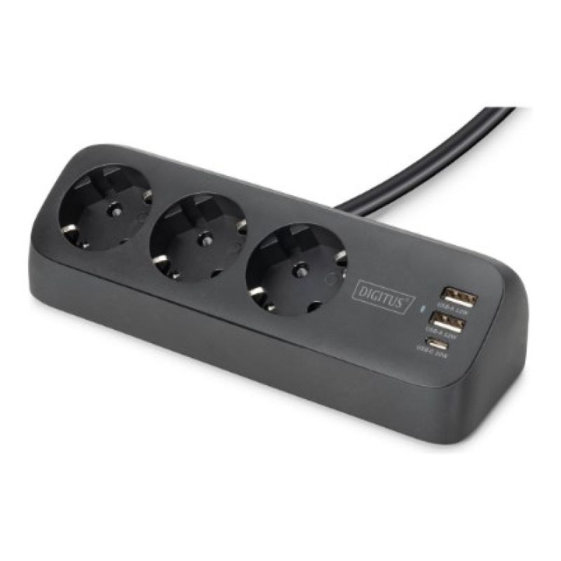 Digitus 3-Way Office Power Strip with 2 USB-A and 1 USB-C Ports, Black