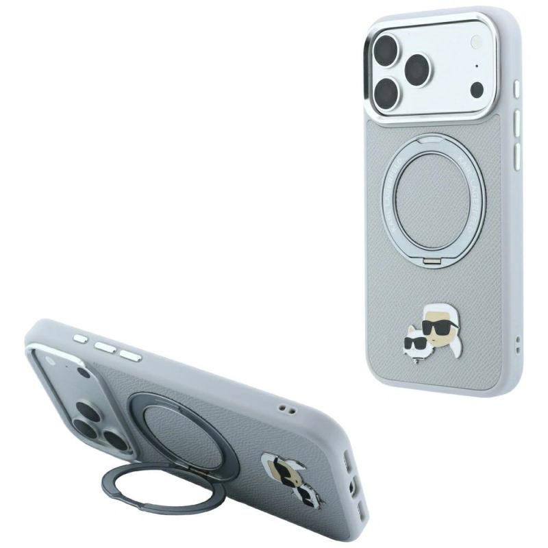 Karl Lagerfeld with Ring Stand 360 Karl & Choupette Heads Pin MagSafe Case for iPhone 18 Pro Max / 17 Pro Max – Grey