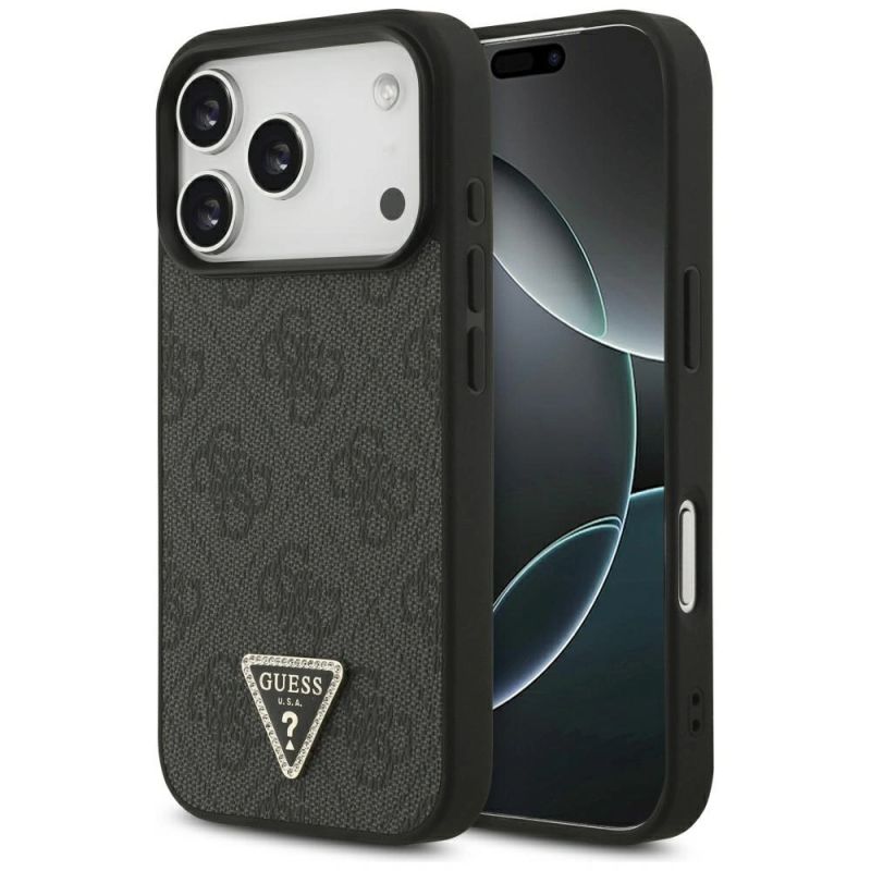 Guess Leather 4G Triangle Strass MagSafe Case for iPhone 18 Pro / 17 Pro - Black