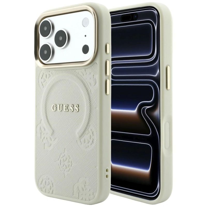 Guess Saffiano Peony & Ring MagSafe Case for iPhone 18 Pro / 17 Pro – Beige