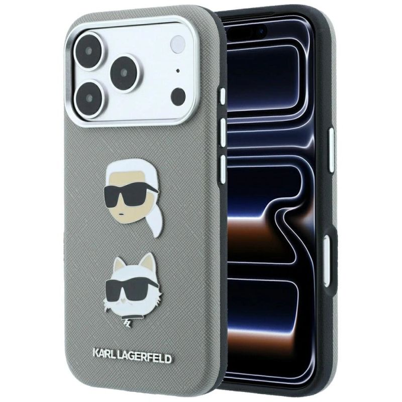 Karl Lagerfeld Saffiano Case with Karl & Choupette Heads Pins & Logo for iPhone 18 Pro / 17 Pro - Gray