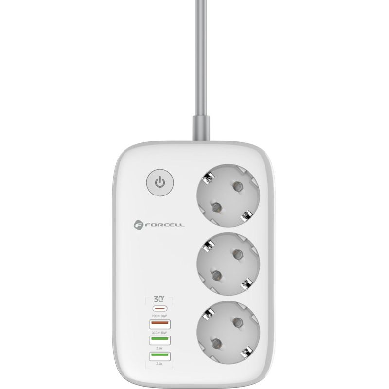 Forcell F-Energy power strip 3x schuko, USB-C 30W, 3x USB-A QC3.0 PD WiFi Tuya 2500W 10A