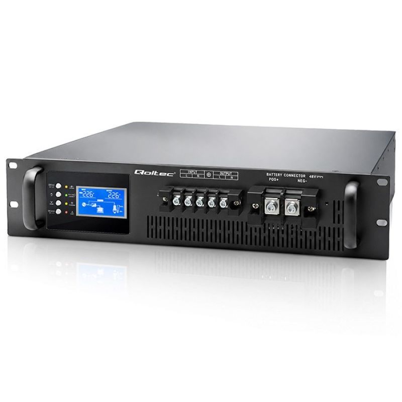 Qoltec Pure Sine Wave UPS for RACK | 3kVA | 3000W | PF 1.0 | LCD | EPO | USB | On-line | LiFePO4 AGM GEL compatible