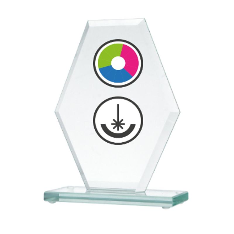 Glass trophy with LuxorJet color printing, engraving, and paint filling