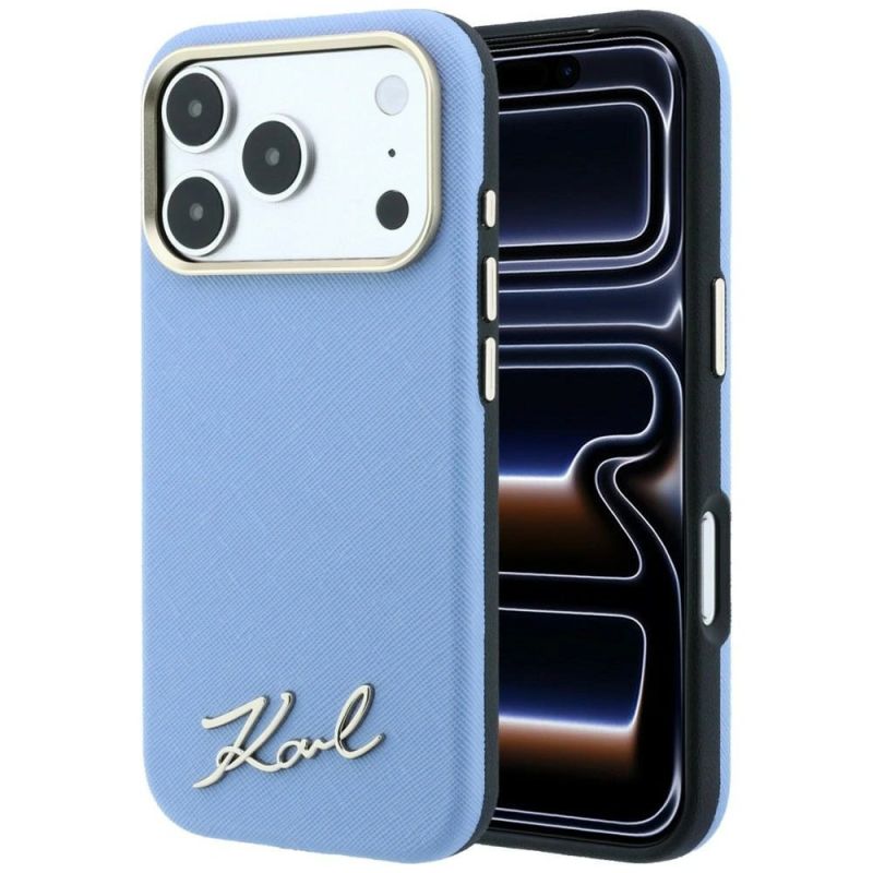 Karl Lagerfeld Saffiano Small Script Metal Logo MagSafe Case for iPhone 17 Pro Max / 18 Pro Max – Light Blue