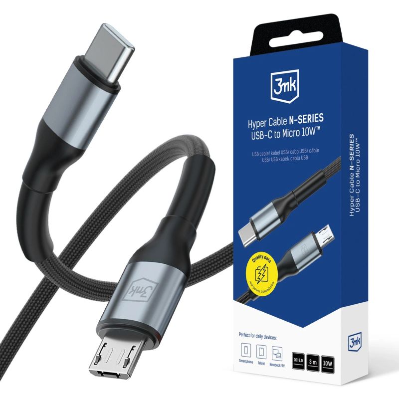 3mk Hyper Cable N-SERIES USB-C / MicroUSB 3m QC 3.0 5V/2A 10W - black