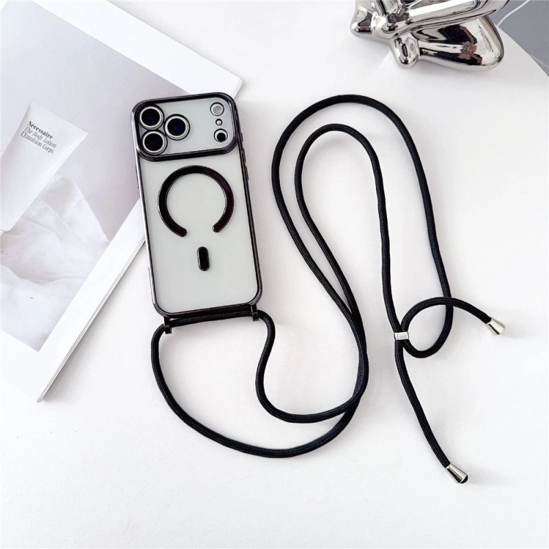For iPhone 18 Pro / 17 Pro Case Compatible with MagSafe Electroplating TPU Phone Cover with Long Lanyard - Black