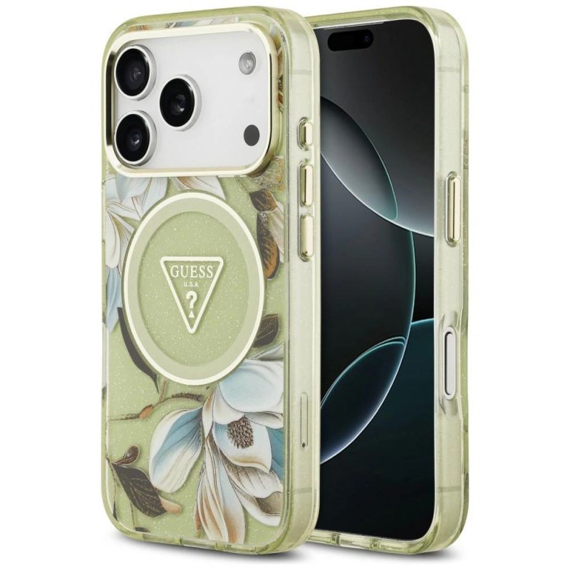Guess IML Glitter Flowers Triangle MagSafe Case for iPhone 18 Pro Max / 17 Pro Max – green
