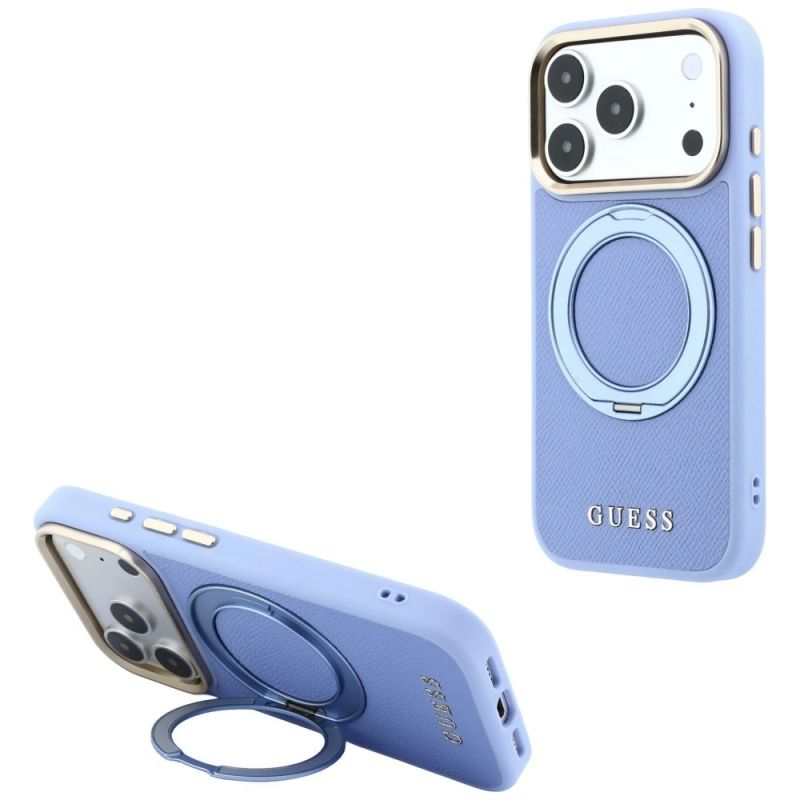 Guess Ring Stand 360 Grained Classic Logo MagSafe Case for iPhone 18 Pro / 17 Pro – light blue