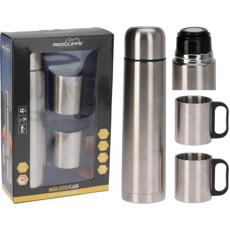 1000ML TRAVEL THERMOS WITH 2 CUPS SILVER