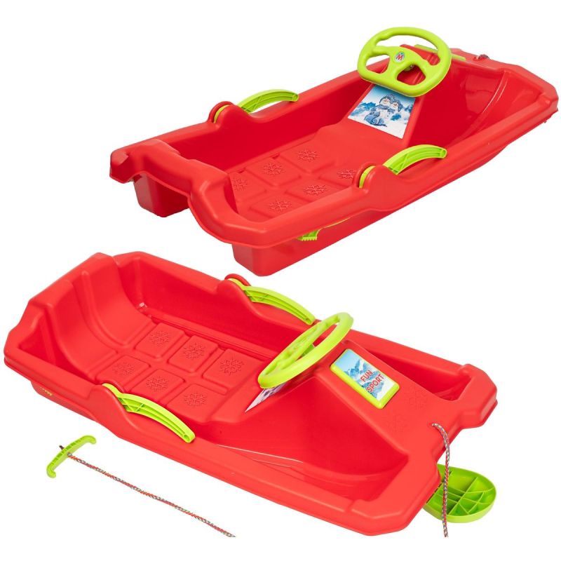 RED PLASTIC SLED WITH BRAKE AND STEERING WHEEL ADAŚ 84x43x25CM