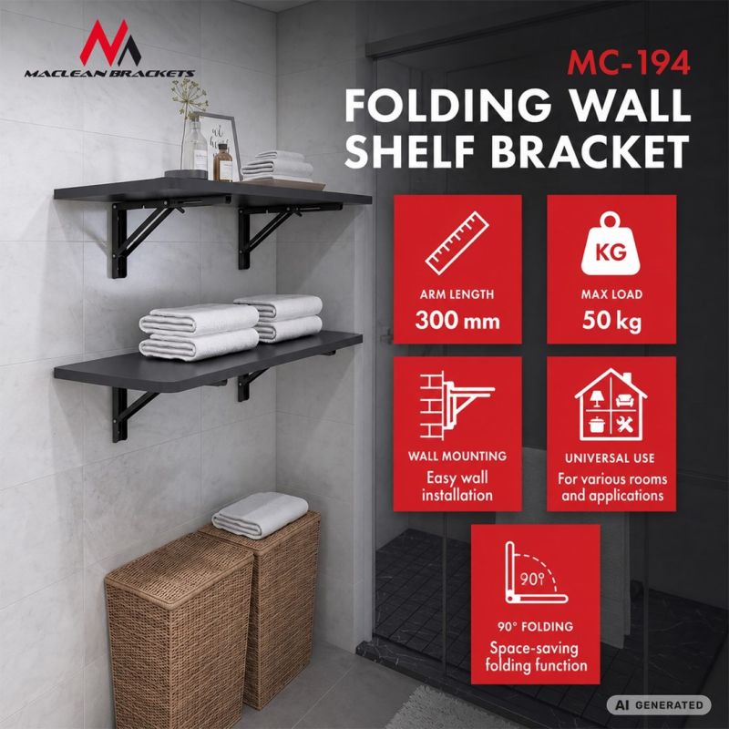 MACLEAN FOLDING WALL SHELF BRACKET MACLEAN FOLDING WALL SHELF BRACKET, MIN 250MM, MAX 500MM, MAX 50KG, 2 PIECES, M