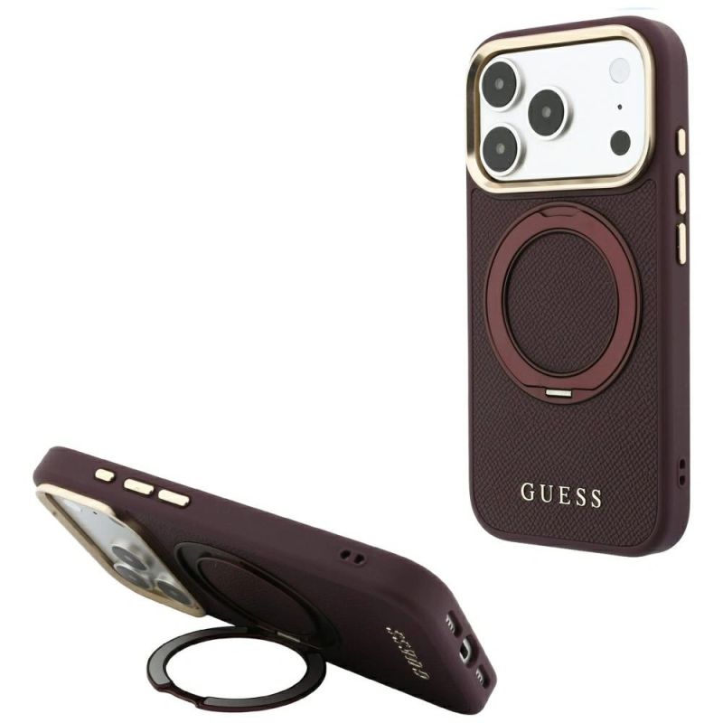 Guess Ring Stand 360 Grained Classic Logo MagSafe Case for iPhone 18 Pro / 17 Pro – Burgundy