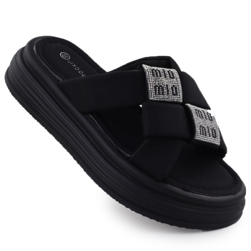 Women’s black platform slides with rhinestones Potocki 16347