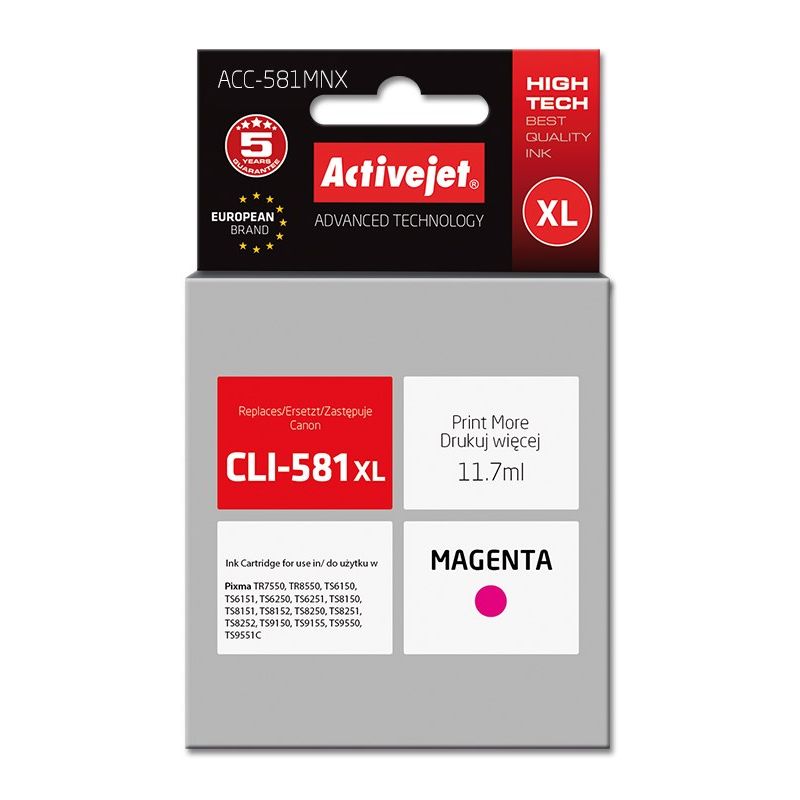 Activejet ACC-581MNX Ink (replacement for Canon CLI-581XLM printer; Supreme; 11.70 ml; red)