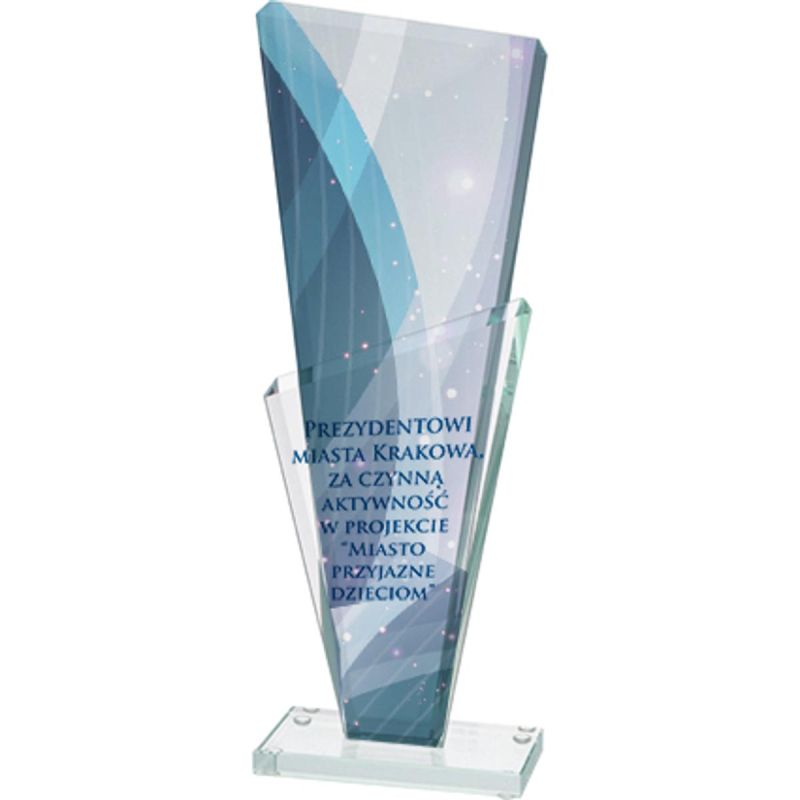 Glass trophy with LuxorJet color printing, engraving, and paint filling