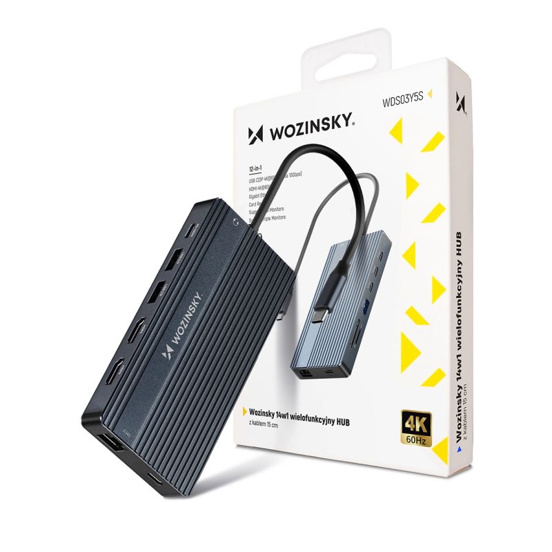 USB-C Hub 14 in 1 Wozinsky WDS03Y5S Multifunctional, Aluminum, for 3 Monitors, with 15 cm Cable - Gray