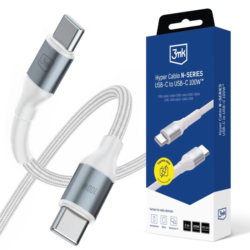 3mk Hyper Cable N-SERIES USB-C / USB-C 2m PD 3.0 QC 3.0 20V/5A 100W - white