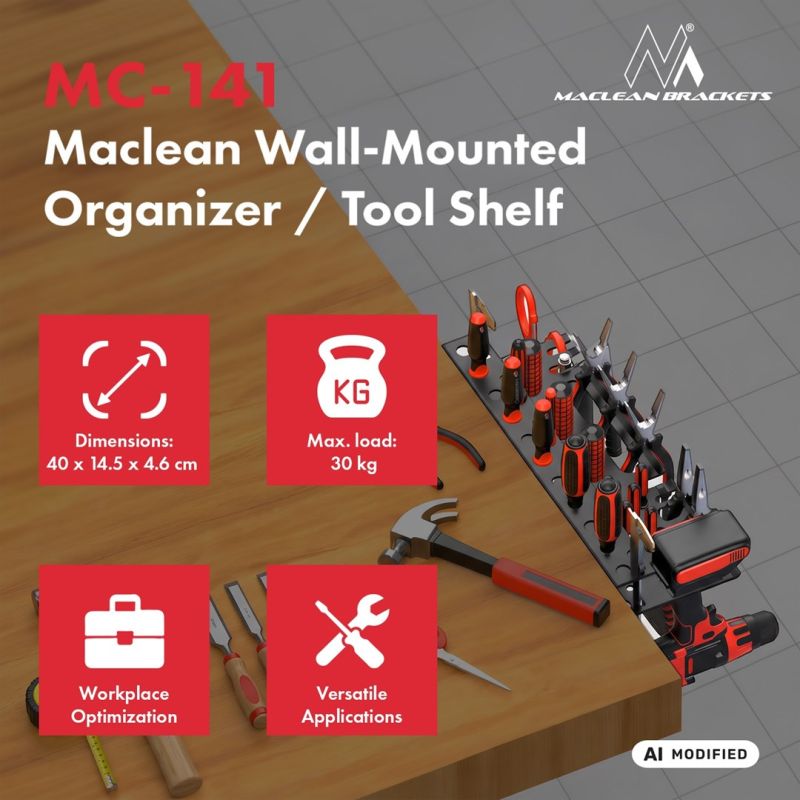 MACLEAN WALL ORGANIZER TOOL SHELF MACLEAN WALL ORGANIZER / TOOL SHELF, BLACK, DIMENSIONS 40X14.5X4.6CM, M