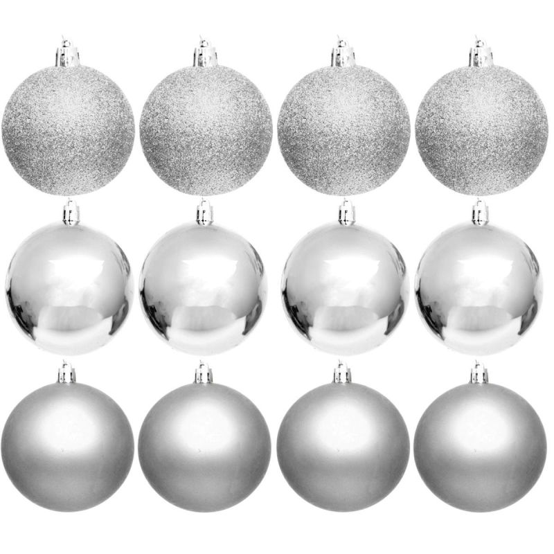 DECORATIVE PLASTIC BAUBLE SAFE 12 PCS DIA 60MM SILVER